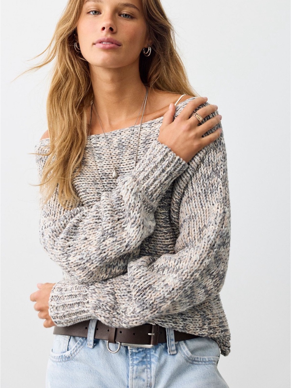Free People Marled Off-Shoulder Sweater in Neutral Blend